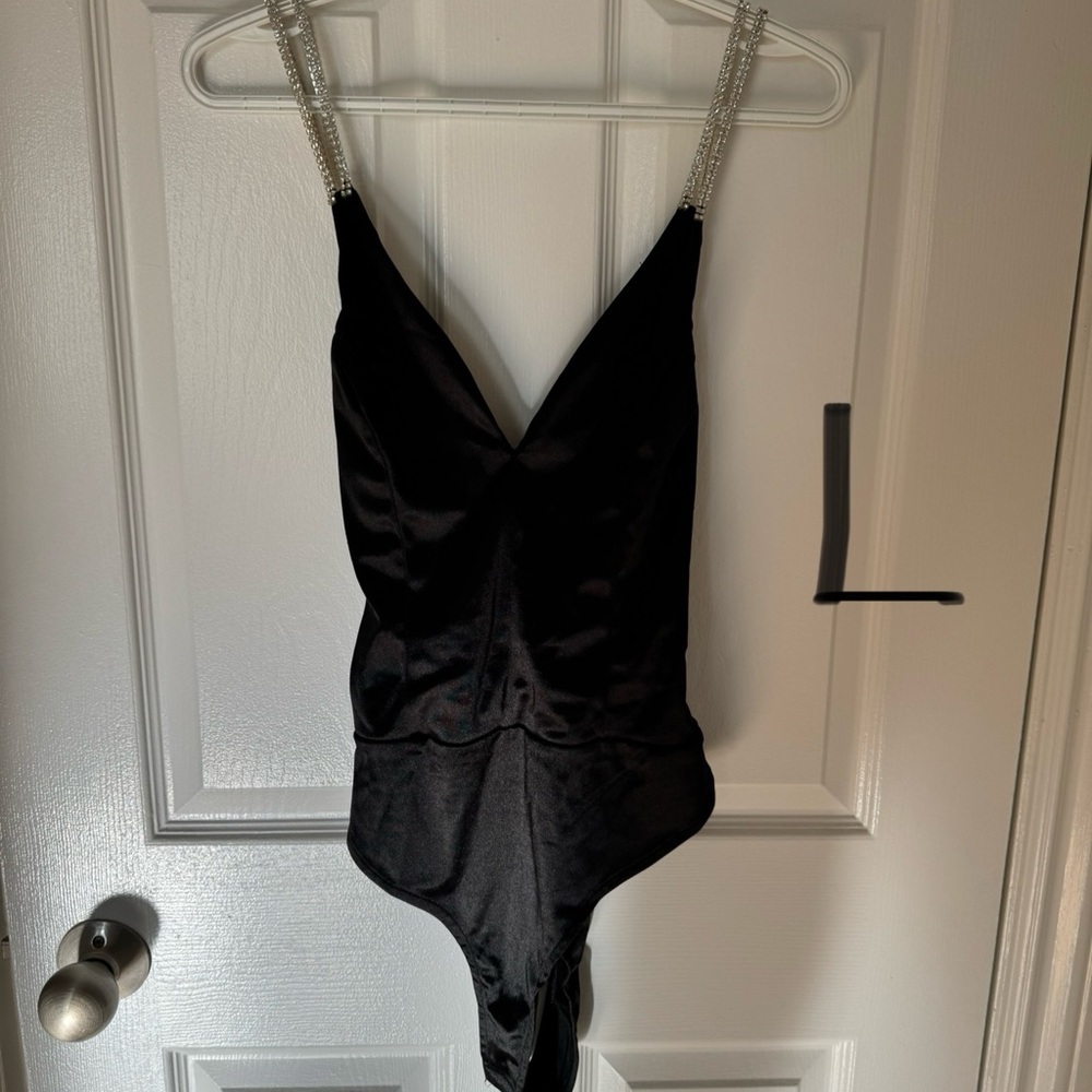 Black Satin Open Back Bodysuit with Rhinestone Straps
